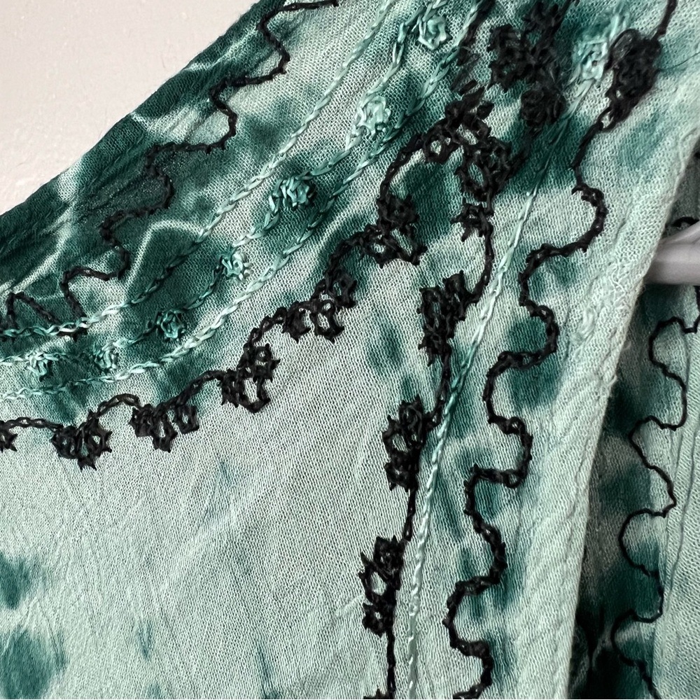 Tie Dye Green Embroidered Midi Dress Asymmetrical Hem Beach Swim Coverup Boho - Picture 11 of 12